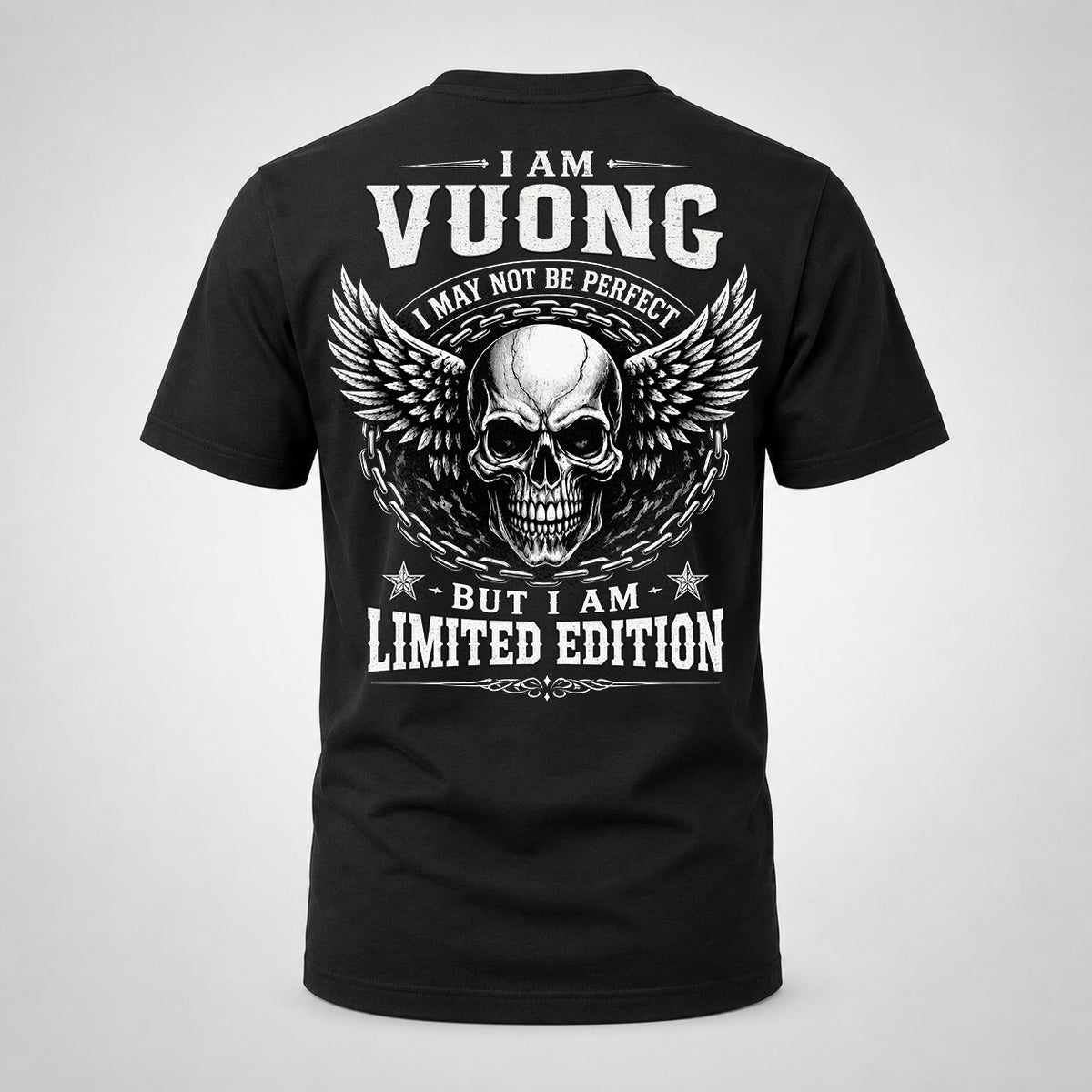 VUONG P01-K24-229 – Personalized Skull Graphic Apparel “I Am NAME I May Not Be Perfect But I Am Limited Edition”