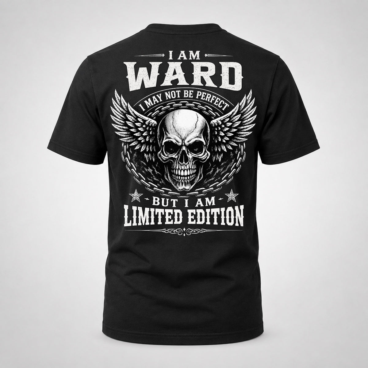 WARD P01-K24-229 – Personalized Skull Graphic Apparel “I Am NAME I May Not Be Perfect But I Am Limited Edition”