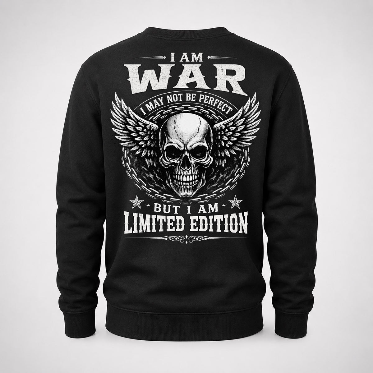 WAR P01-K24-229 – Personalized Skull Graphic Apparel “I Am NAME I May Not Be Perfect But I Am Limited Edition”