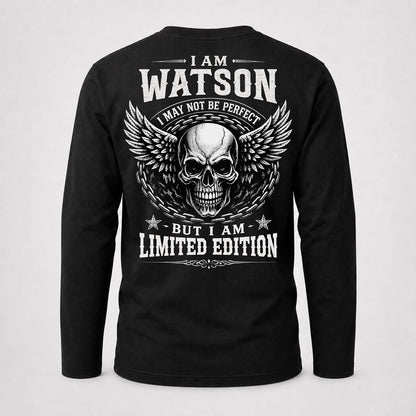 WATSON P01-K24-229 – Personalized Skull Graphic Apparel “I Am NAME I May Not Be Perfect But I Am Limited Edition”