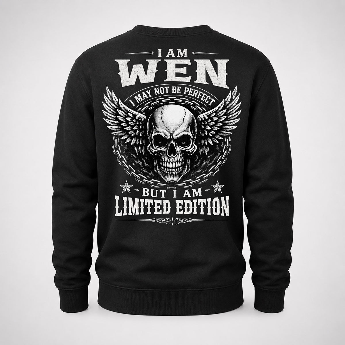 WEN P01-K24-229 – Personalized Skull Graphic Apparel “I Am NAME I May Not Be Perfect But I Am Limited Edition”