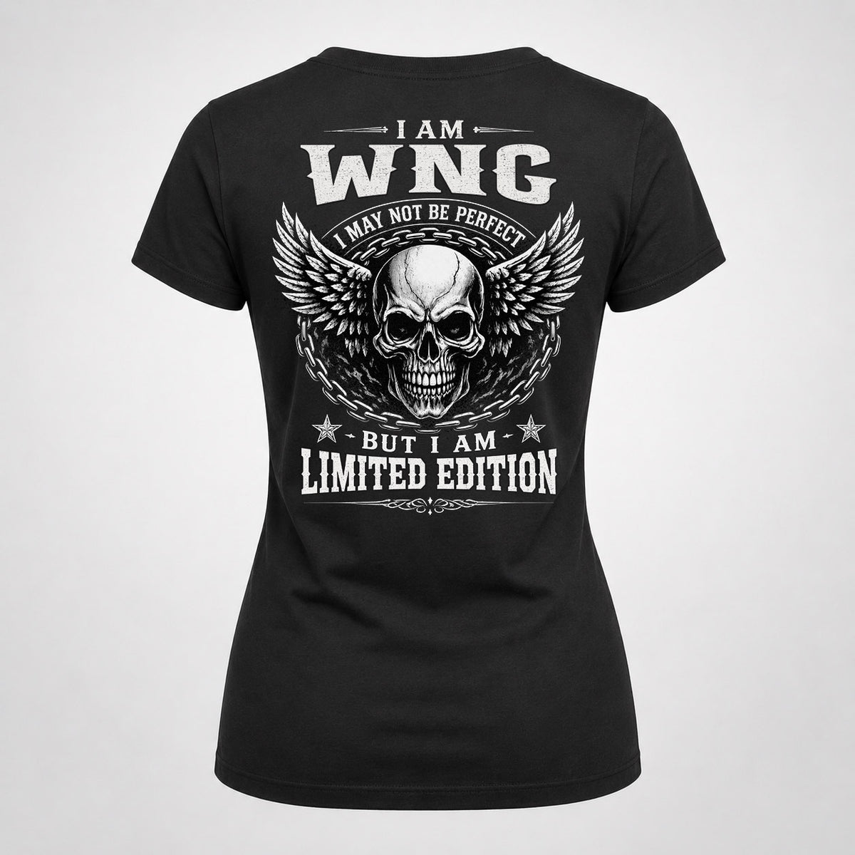 WNG P01-K24-229 – Personalized Skull Graphic Apparel “I Am NAME I May Not Be Perfect But I Am Limited Edition”