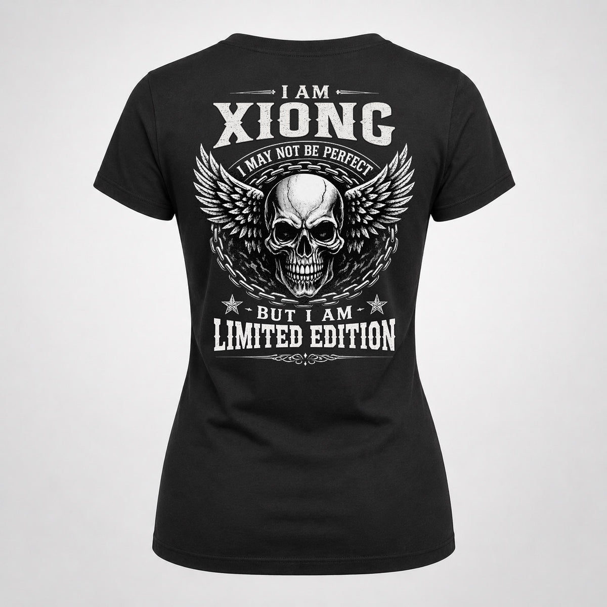 XIONG P01-K24-229 – Personalized Skull Graphic Apparel “I Am NAME I May Not Be Perfect But I Am Limited Edition”
