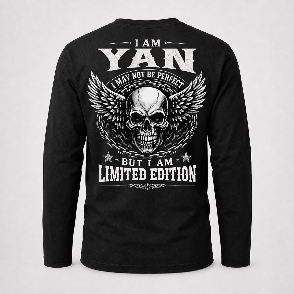 YAN P01-K24-229 – Personalized Skull Graphic Apparel “I Am NAME I May Not Be Perfect But I Am Limited Edition”