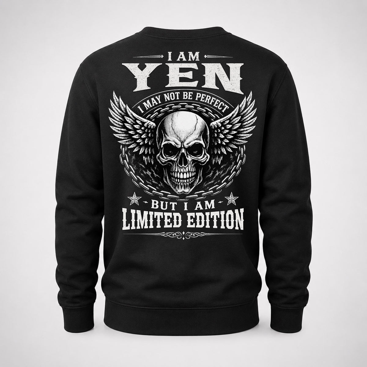 YEN P01-K24-229 – Personalized Skull Graphic Apparel “I Am NAME I May Not Be Perfect But I Am Limited Edition”
