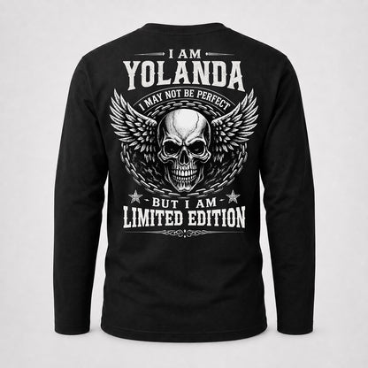 YOLANDA P01-K24-229 – Personalized Skull Graphic Apparel “I Am NAME I May Not Be Perfect But I Am Limited Edition”