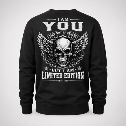 YOU P01-K24-229 – Personalized Skull Graphic Apparel “I Am NAME I May Not Be Perfect But I Am Limited Edition”