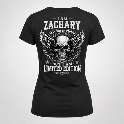 ZACHARY P01-K24-229 – Personalized Skull Graphic Apparel “I Am NAME I May Not Be Perfect But I Am Limited Edition”