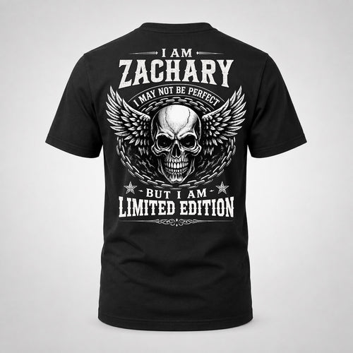 ZACHARY P01-K24-229 – Personalized Skull Graphic Apparel “I Am NAME I May Not Be Perfect But I Am Limited Edition”