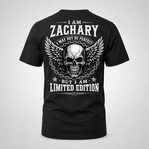 ZACHARY P01-K24-229 – Personalized Skull Graphic Apparel “I Am NAME I May Not Be Perfect But I Am Limited Edition”