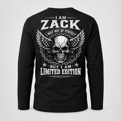 ZACK P01-K24-229 – Personalized Skull Graphic Apparel “I Am NAME I May Not Be Perfect But I Am Limited Edition”