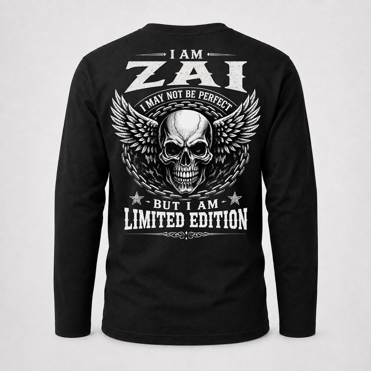 ZAI P01-K24-229 – Personalized Skull Graphic Apparel “I Am NAME I May Not Be Perfect But I Am Limited Edition”