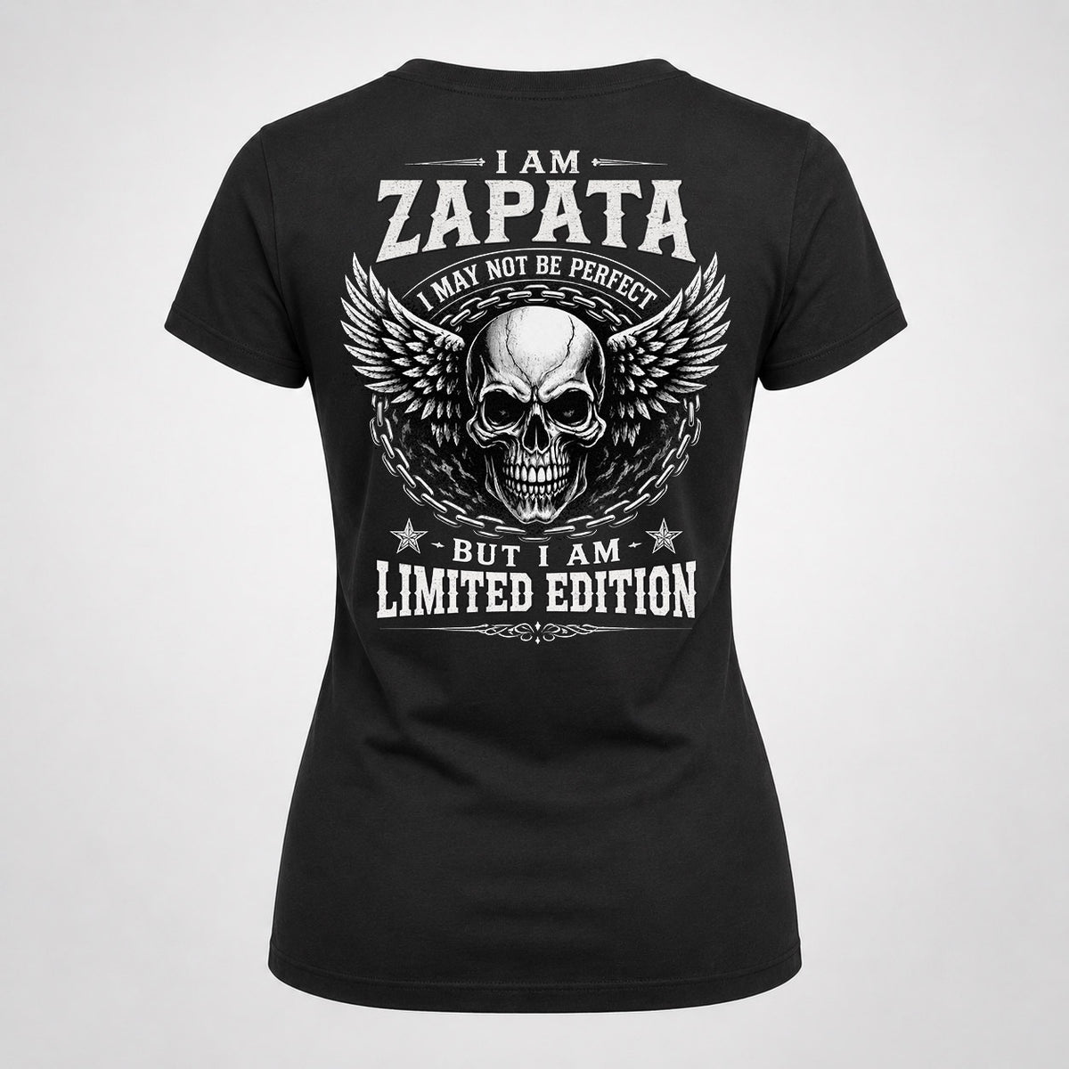 ZAPATA P01-K24-229 – Personalized Skull Graphic Apparel “I Am NAME I May Not Be Perfect But I Am Limited Edition”