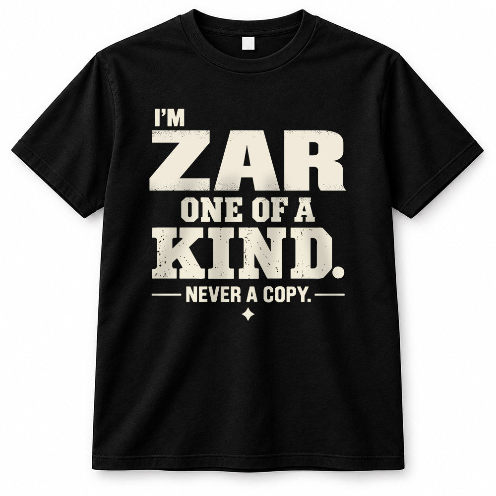 ZAR P6-K4-228 Personalized Funny Quote Apparel “I’m NAME – One of a Kind, Never a Copy”
