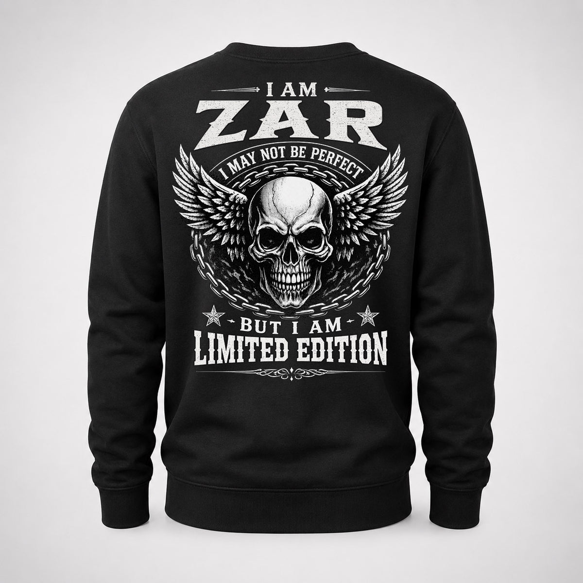 ZAR P01-K24-229 – Personalized Skull Graphic Apparel “I Am NAME I May Not Be Perfect But I Am Limited Edition”