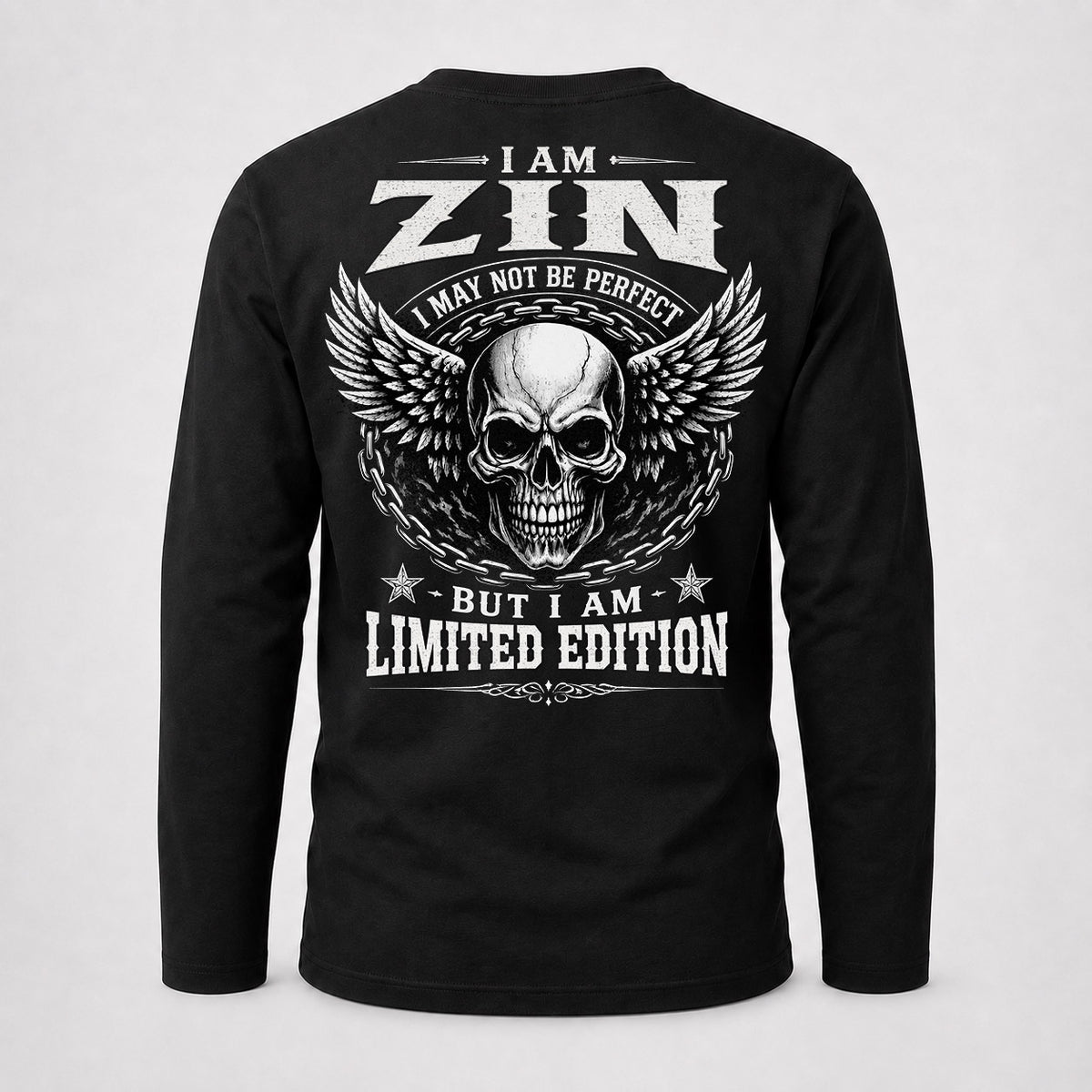 ZIN P01-K24-229 – Personalized Skull Graphic Apparel “I Am NAME I May Not Be Perfect But I Am Limited Edition”