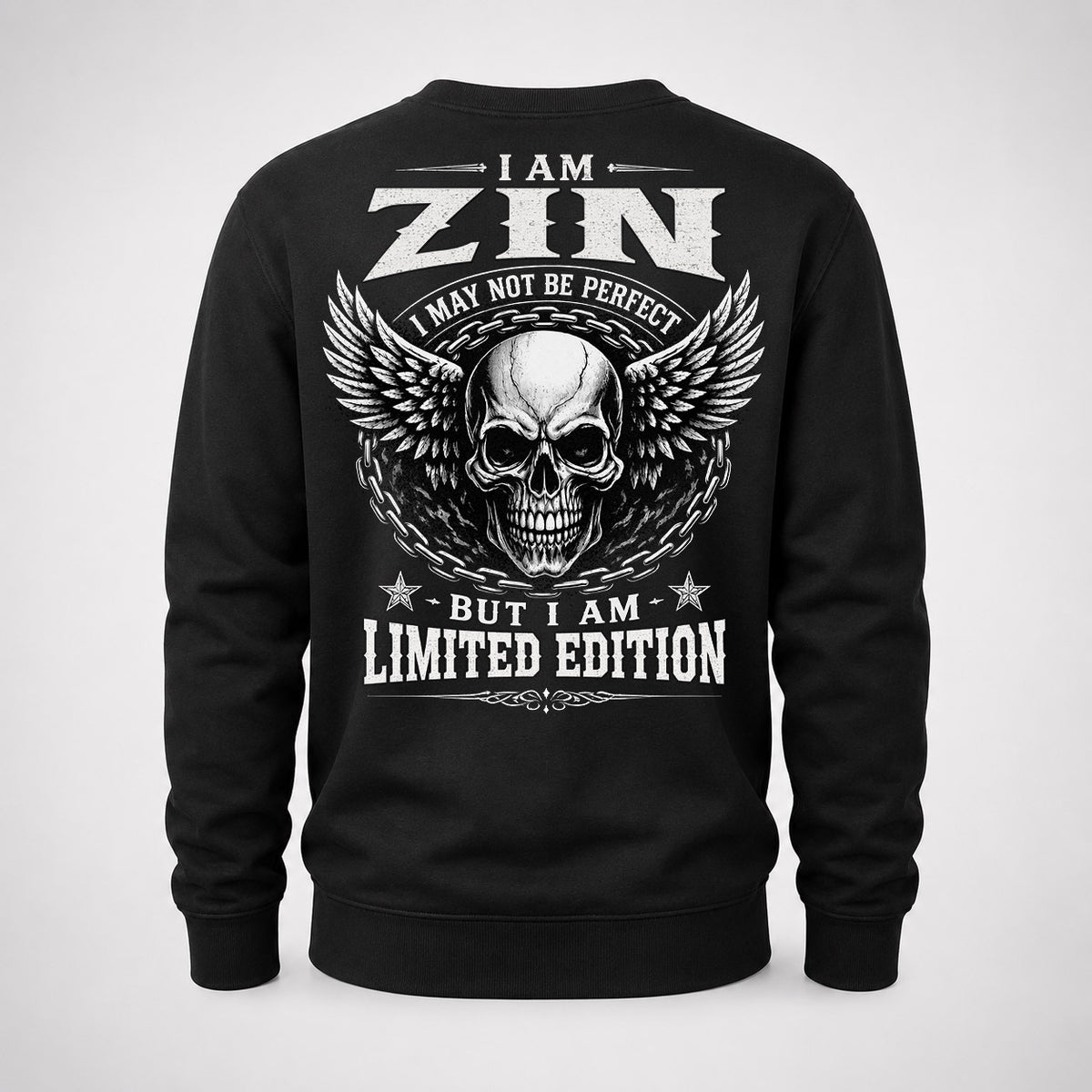 ZIN P01-K24-229 – Personalized Skull Graphic Apparel “I Am NAME I May Not Be Perfect But I Am Limited Edition”