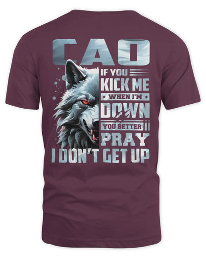 CAO AP62-K4-666 - Personalized Fierce Wolf Quote Apparel “If You Kick Me When I’m Down, You Better Pray I Don’t Get Up” - Unisex Standard T-Shirt - Maroon