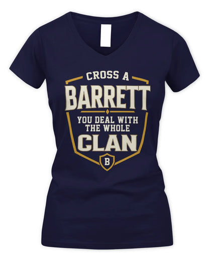 BARRETT NT1-K008 Cross A/An NAME, You Deal With the Whole Clan | Personalized Vintage T-Shirt - Women's V-Neck T-Shirt - Navy