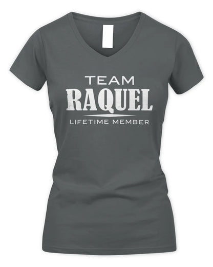 RAQUEL BL62-K4-128 - Personalized “Team NAME Lifetime Member” - Women's V-Neck T-Shirt - Charcoal