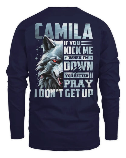 CAMILA AP62-K4-666 - Personalized Fierce Wolf Quote Apparel “If You Kick Me When I’m Down, You Better Pray I Don’t Get Up” - Men's Long Sleeved T-Shirt - Navy
