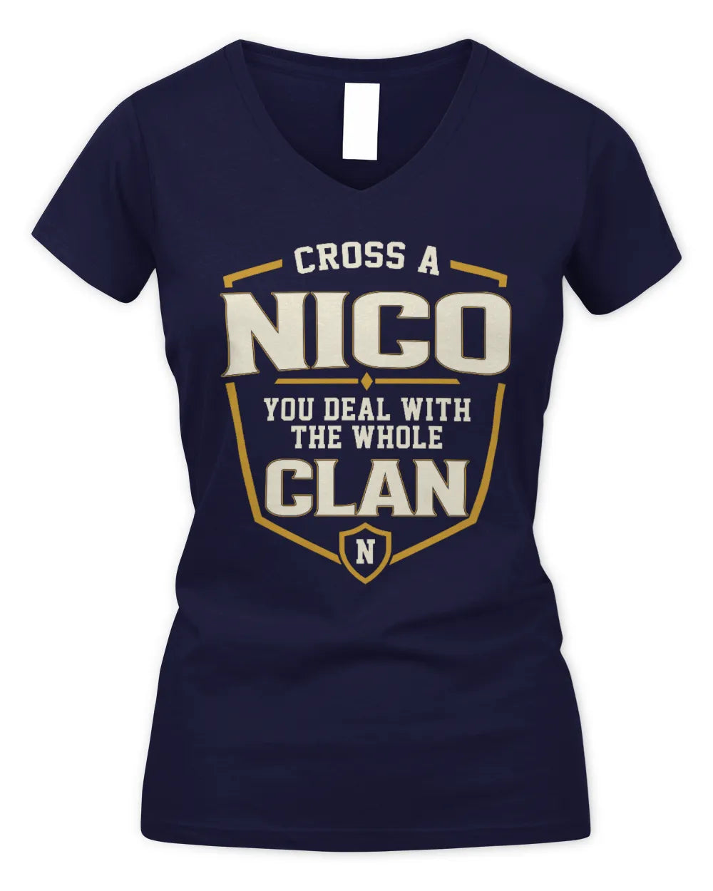 NICO NT1-K008 Cross A/An NAME, You Deal With the Whole Clan | Personalized Vintage T-Shirt - Women's V-Neck T-Shirt - Navy