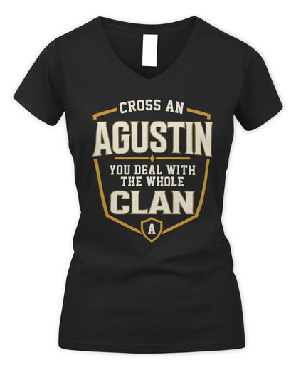 AGUSTIN NT1-K008 Cross A/An NAME, You Deal With the Whole Clan | Personalized Vintage T-Shirt - Women's V-Neck T-Shirt - Black