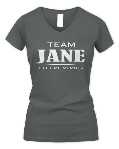 JANE BL62-K4-128 - Personalized “Team NAME Lifetime Member” - Women's V-Neck T-Shirt - Charcoal