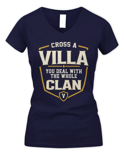 VILLA NT1-K008 Cross A/An NAME, You Deal With the Whole Clan | Personalized Vintage T-Shirt - Women's V-Neck T-Shirt - Navy