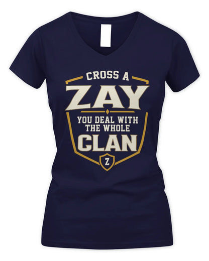ZAY NT1-K008 Cross A/An NAME, You Deal With the Whole Clan | Personalized Vintage T-Shirt - Women's V-Neck T-Shirt - Navy