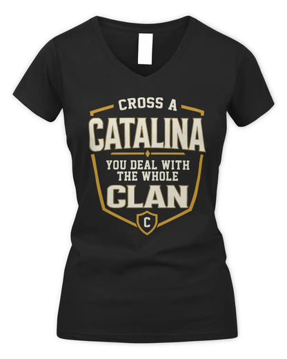 CATALINA NT1-K008 Cross A/An NAME, You Deal With the Whole Clan | Personalized Vintage T-Shirt - Women's V-Neck T-Shirt - Black