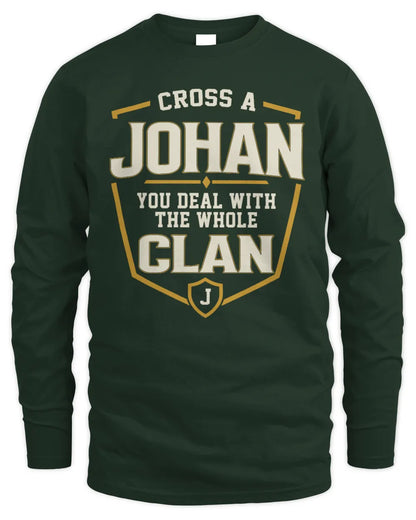 JOHAN NT1-K008 Cross A/An NAME, You Deal With the Whole Clan | Personalized Vintage T-Shirt - Men's Long Sleeved T-Shirt - Forest Green