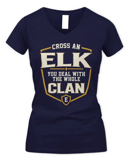 ELK NT1-K008 Cross A/An NAME, You Deal With the Whole Clan | Personalized Vintage T-Shirt - Women's V-Neck T-Shirt - Navy