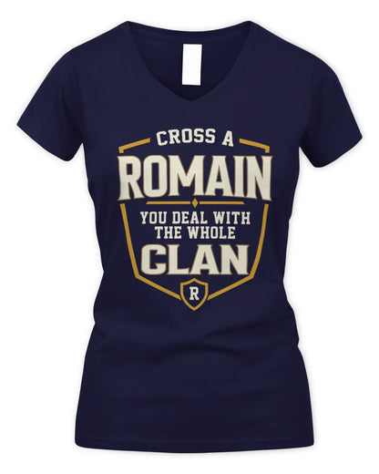 ROMAIN NT1-K008 Cross A/An NAME, You Deal With the Whole Clan | Personalized Vintage T-Shirt - Women's V-Neck T-Shirt - Navy