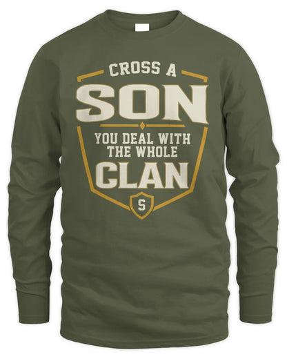 SON NT1-K008 Cross A/An NAME, You Deal With the Whole Clan | Personalized Vintage T-Shirt - Men's Long Sleeved T-Shirt - Military Green