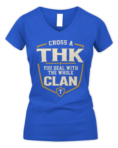 THK NT1-K008 Cross A/An NAME, You Deal With the Whole Clan | Personalized Vintage T-Shirt - Women's V-Neck T-Shirt - Royal