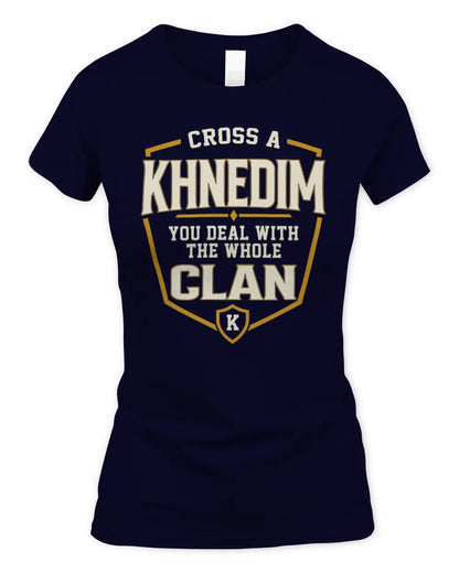KHNEDIM NT1-K008 Cross A/An NAME, You Deal With the Whole Clan | Personalized Vintage T-Shirt - Women's Standard T-Shirt - Navy