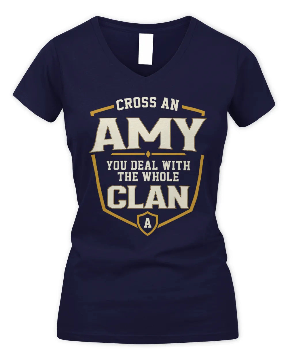 AMY NT1-K008 Cross A/An NAME, You Deal With the Whole Clan | Personalized Vintage T-Shirt - Women's V-Neck T-Shirt - Navy