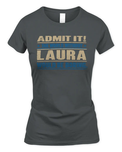 LAURA TP68-K2-968 – Personalized Funny Quote Apparel “The World Without NAME Would Be Boring” - Women's Standard T-Shirt - Charcoal