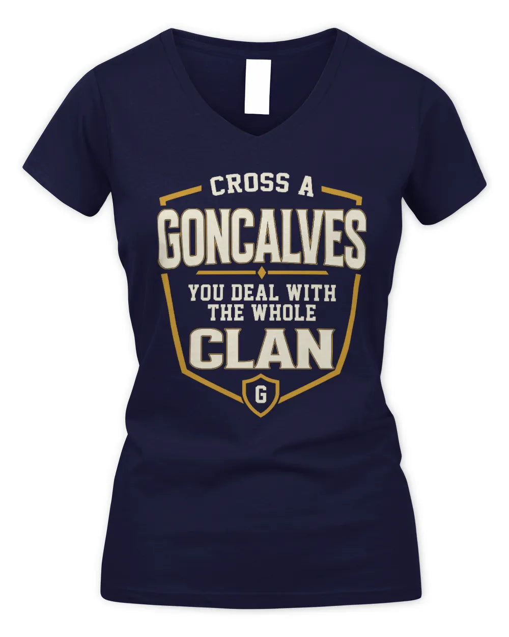 GONCALVES NT1-K008 Cross A/An NAME, You Deal With the Whole Clan | Personalized Vintage T-Shirt - Women's V-Neck T-Shirt - Navy
