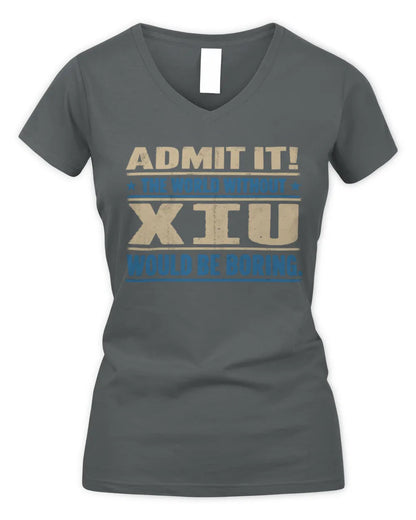 XIU TP68-K2-968 – Personalized Funny Quote Apparel “The World Without NAME Would Be Boring” - Women's V-Neck T-Shirt - Charcoal