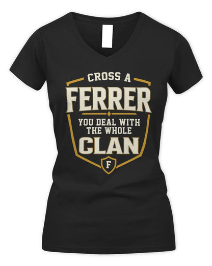 FERRER NT1-K008 Cross A/An NAME, You Deal With the Whole Clan | Personalized Vintage T-Shirt - Women's V-Neck T-Shirt - Black