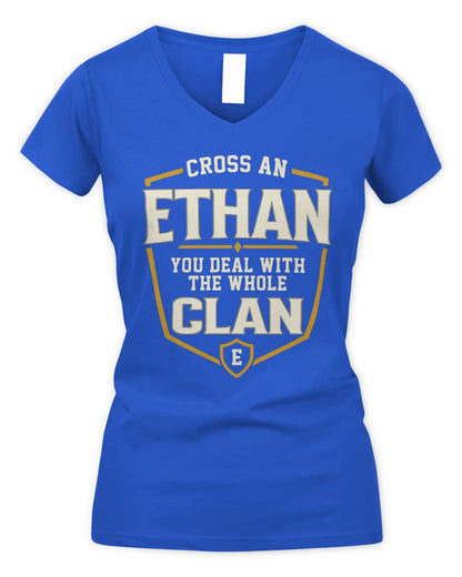 ETHAN NT1-K008 Cross A/An NAME, You Deal With the Whole Clan | Personalized Vintage T-Shirt - Women's V-Neck T-Shirt - Royal
