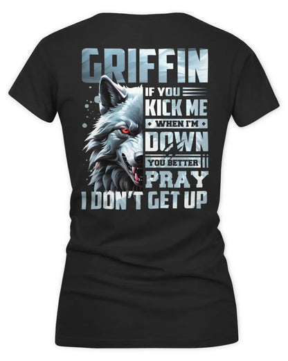 GRIFFIN AP62-K4-666 - Personalized Fierce Wolf Quote Apparel “If You Kick Me When I’m Down, You Better Pray I Don’t Get Up” - Women's V-Neck T-Shirt - Black