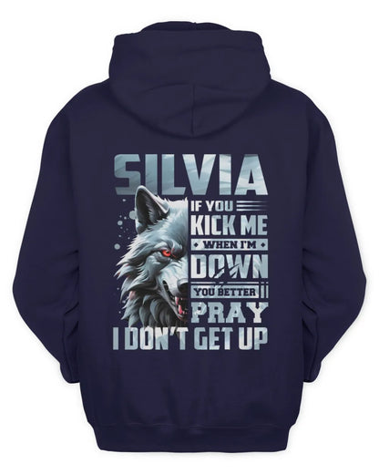 SILVIA AP62-K4-666 - Personalized Fierce Wolf Quote Apparel “If You Kick Me When I’m Down, You Better Pray I Don’t Get Up” - Unisex Hoodie - Navy