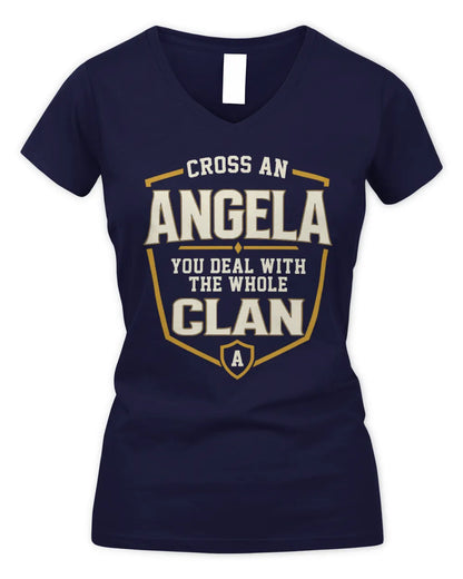 ANGELA NT1-K008 Cross A/An NAME, You Deal With the Whole Clan | Personalized Vintage T-Shirt - Women's V-Neck T-Shirt - Navy