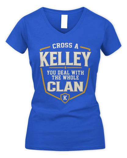 KELLEY NT1-K008 Cross A/An NAME, You Deal With the Whole Clan | Personalized Vintage T-Shirt - Women's V-Neck T-Shirt - Royal