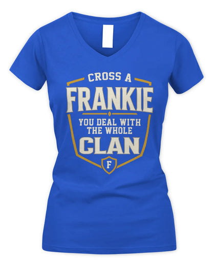 FRANKIE NT1-K008 Cross A/An NAME, You Deal With the Whole Clan | Personalized Vintage T-Shirt - Women's V-Neck T-Shirt - Royal