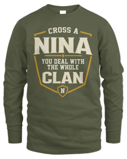 NINA NT1-K008 Cross A/An NAME, You Deal With the Whole Clan | Personalized Vintage T-Shirt - Men's Long Sleeved T-Shirt - Military Green