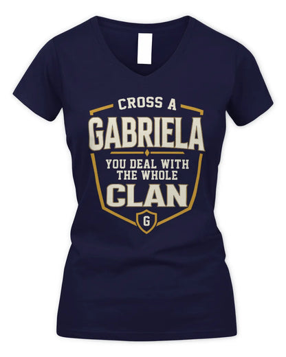 GABRIELA NT1-K008 Cross A/An NAME, You Deal With the Whole Clan | Personalized Vintage T-Shirt - Women's V-Neck T-Shirt - Navy